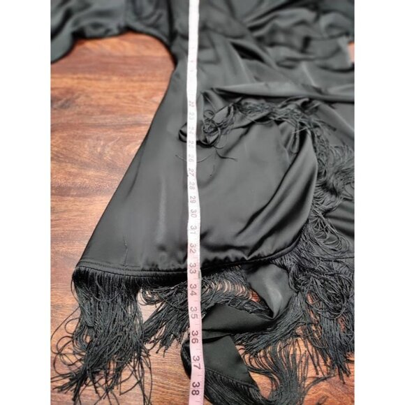H&M Fringe-Trimmed Satin Surplice Whimsy Boho Festival Wrap Dress Black Medium - Picture 10 of 11